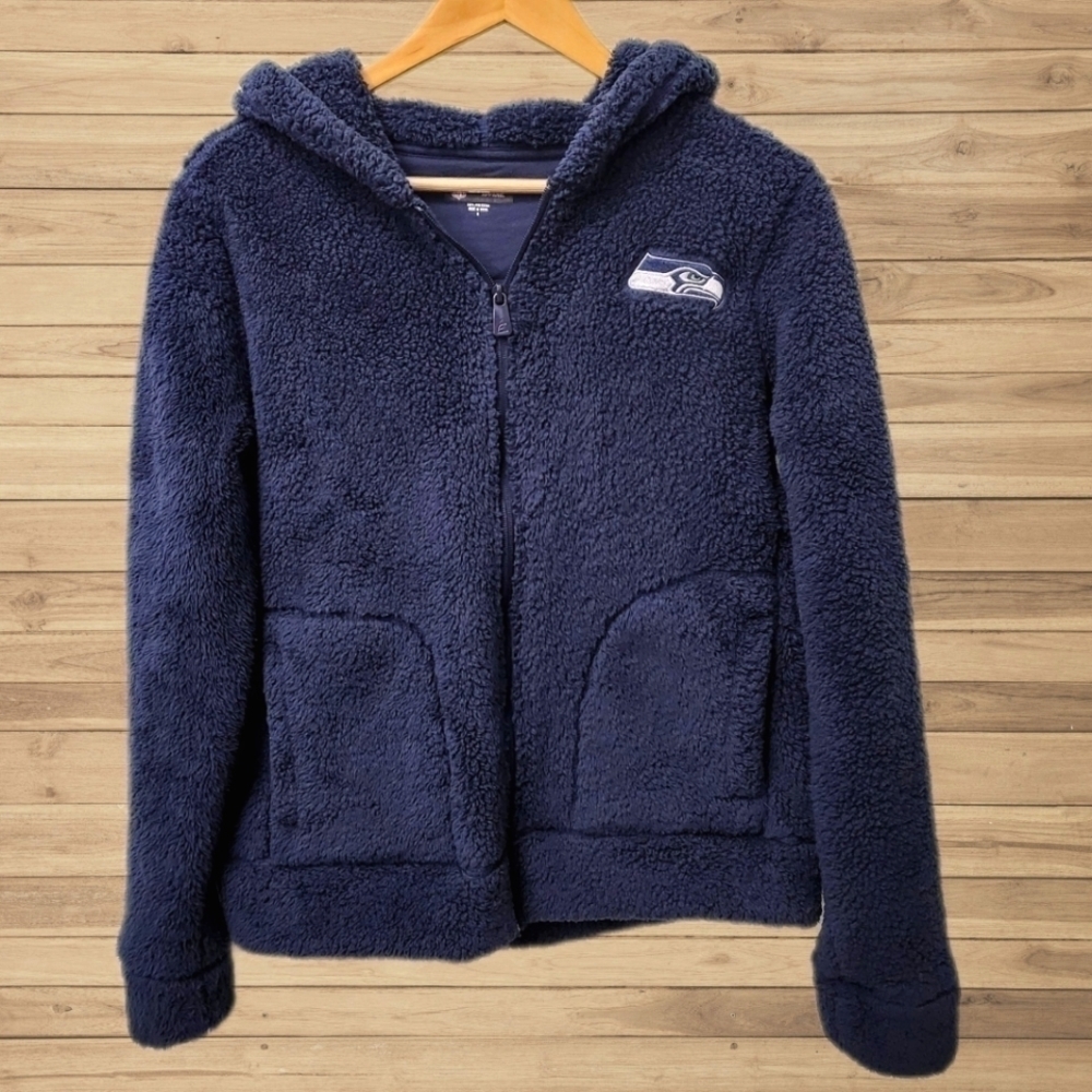 NFL Seattle Seahawks Hi-Pile Sherpa Fleece Zip Hooded Jacket Navy Size Small